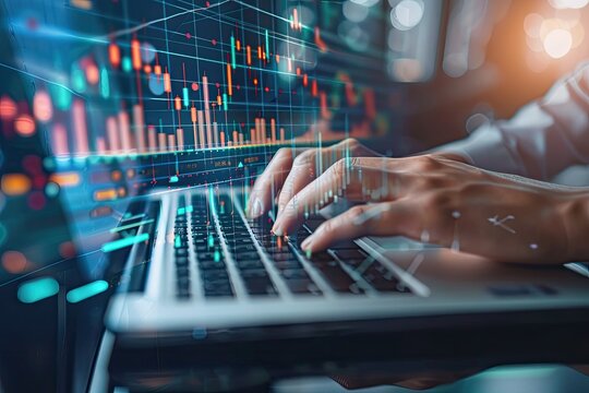 Trading Analysis Hands type on laptop amid stock charts. Financial work use