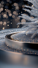 Abstract New Year scene with sparkling details, bright bokeh, silver Christmas tree and elegant platform in cool tones. Shine, magic, festive atmosphere.