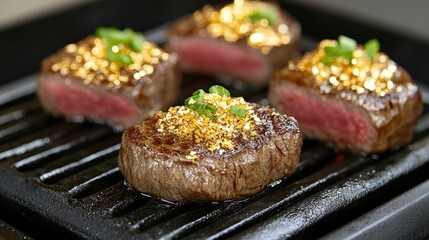 Gourmet Steak with Edible Gold Garnish Grilled to Perfection on a Black Griddle for Fine Dining Presentation