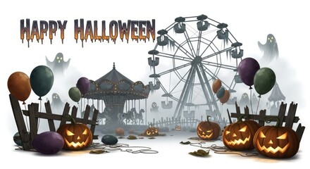 Eerie Halloween carnival scene with jack-o'-lanterns, ghosts, and a spooky Ferris wheel in the fog