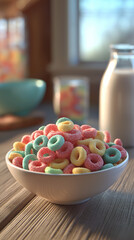 Generate a real-style photograph of a bowl of Frootloops colored cereal on a wooden table. The photograph should convey the morning breakfast in the kitchen