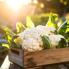 Fresh cauliflower in a wooden crate