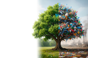 The tree is half green, half garbage. Space for text.