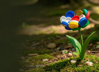 A flower made of plastic lids. Space for text.