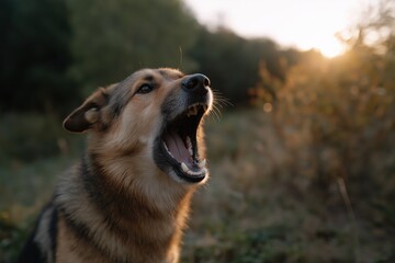 Fototapeta premium German shepherd dog barking at sunset in nature setting