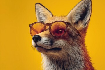Obraz premium A fox wearing large, orange-tinted sunglasses against a bright yellow background, giving a cool and confident vibe.