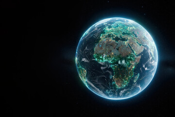 Planet Earth at night with city lights. Space for text.