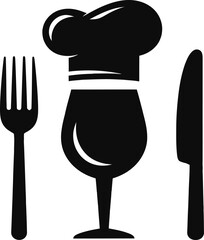 Chef hat wine glass and utensils silhouette icon