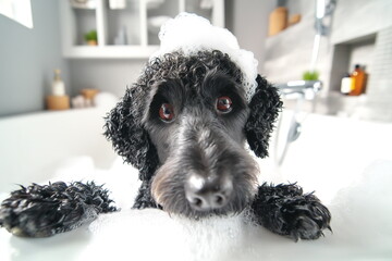 A funny curly face of a black dog with soap foam on its head, set against the background of a modern bathroom. Advertising for bath foam and animal shampoo.