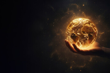 A hand holds a golden shining planet in space. Space for text.