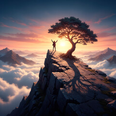 A man on top of a cliff near a tree at sunset.