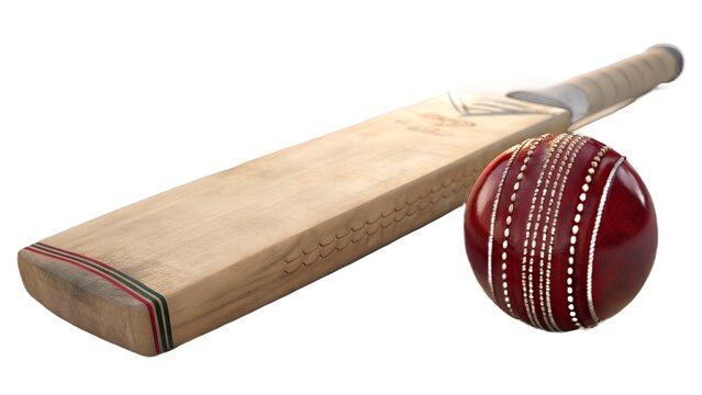 A clear, well-lit studio shot of a traditional wooden cricket bat lying horizontally next to a shiny, red leather cricket ball.