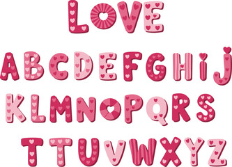 Heart-patterned alphabet, love-themed letters, romantic typography, pink-toned design, decorative font set, Valentine style graphics, flat vector illustration