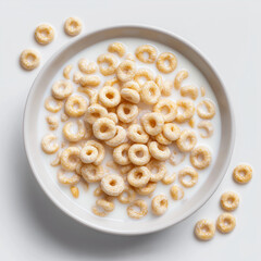 a top shot of a bowl of bran flakes, medium brown color of flakes on top of yogurt in a bowl