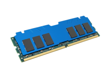 Blue computer RAM memory module isolated, DDR4 component for PC upgrade and high performance computing on transparent background