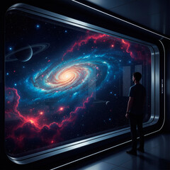 A person observes a spiral galaxy through a porthole.