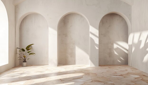 Arched niches in empty room with plant in background for product display - Powered by Adobe