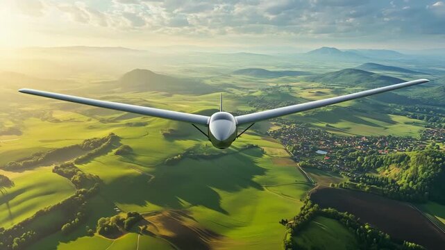 A glider flies gracefully above lush green valleys and a small town during sunset, showcasing the beauty of nature