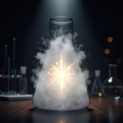 A flask with a bright glowing symbol and clouds of smoke.