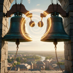 Two church bell towers with a magical glow.