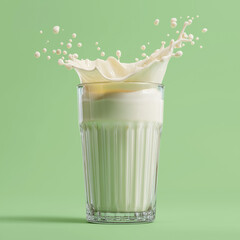 A clear thick fluted glass of plant-based milk splashing slightly over the rim, isolated on a bright pastel green background, soft studio lighting, highly detailed textures on the glass, creamy smooth