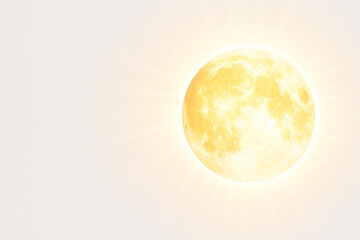 The golden moon shines like the sun on a light background. Space for text.