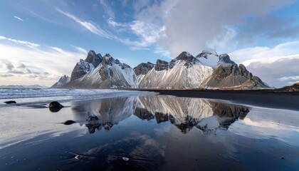 Majestic snow-capped mountain range reflected in the wet sand of a dark, volcanic beach under a partly cloudy sky, creating a stunning mirrored effect with the calm, reflective water surface.
