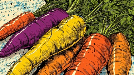 Pop art illustration of colorful carrots with bold outlines