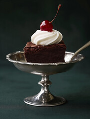 A refined studio food photography shot featuring a decadent chocolate brownie elegantly placed in a silver dessert dish. The brownie is styled with a dollop of whipped cream and topped with a glossy r