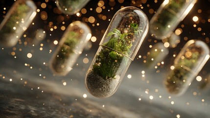 Transparent capsules filled with botanical elements floating in a d...