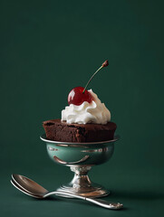 A refined studio food photography shot featuring a decadent chocolate brownie elegantly placed in a silver dessert dish. The brownie is styled with a dollop of whipped cream and topped with a glossy r