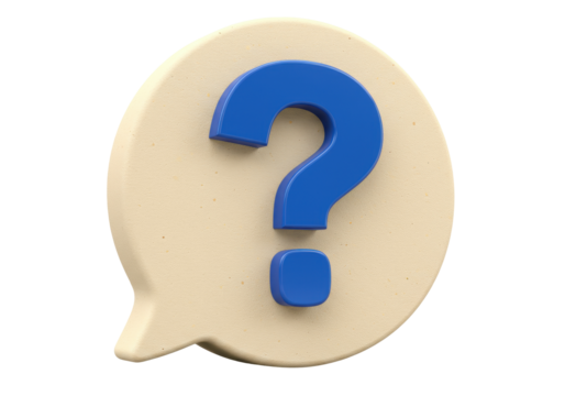 Blue question mark in beige speech bubble isolated PNG, 3D rendering of asking sign for communication and frequently asked questions