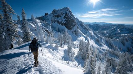 A man is walking on a snowy mountain with a backpack. The sky is blue and the sun is shining