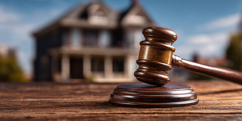 Judge gavel in front of suburban house symbolizing real estate justice and law - AI generated
