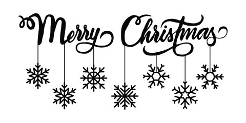 Merry Christmas Vector. Elegant Typography with Snowflakes. Christmas Greeting Vector. Hanging Snowflake Decoration