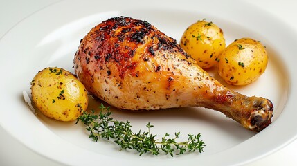 Roasted Chicken Leg with Herbs and Golden Potatoes on White Plate Garnished with Fresh Thyme