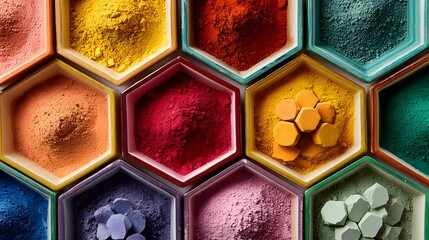 Vibrant assortment of vitamin powders in hexagonal containers, show...