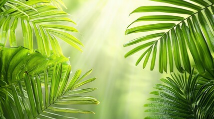 Lush Green Tropical Leaves with Sunlight Filtering Through for Nature and Relaxation Background or Wallpaper