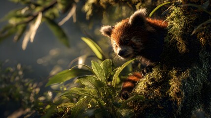 A red panda skillfully climbs and navigates a moss-covered tree in ...