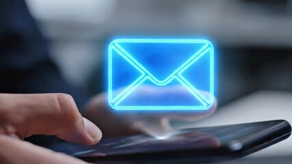 Digital email icon glowing above smartphone screen with user hand touch communication technology concept 
 - Powered by Adobe