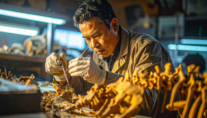 Paleontologist meticulously excavates ancient fossil remains