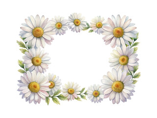 Fototapeta premium Watercolor Daisy Flower Frame with Green Leaves and Copy Space for Text