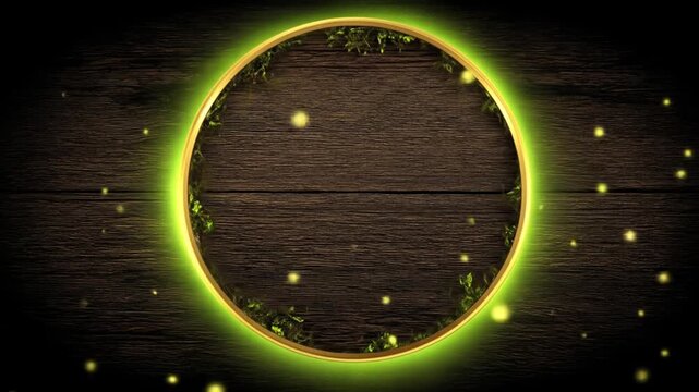 Glowing circle frame with wooden texture and decorative foliage