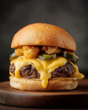 Close-up, centered shot of a spicy gourmet burger on a rustic wooden plate featuring a brioche bun, beef patty, melted pepper jack cheese, sliced jalape&ntilde;os, crispy fried onions, and a drizzle of chipo