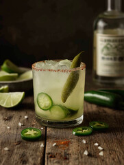 A chilled margarita in a clear rocks glass, rimmed with chili powder, filled with a pale green cocktail. A full dill pickle spear stands upright inside the drink, next to floating jalapeño slices and 