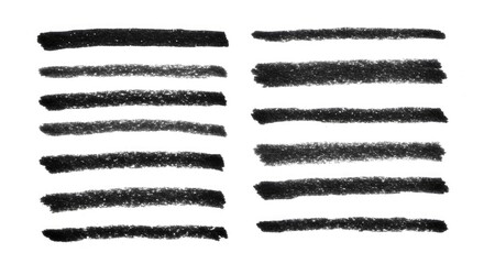 Black crayon underline set with horizontal hand-drawn strokes. Rough textured pencil lines with uneven edges, useful for highlighting or decorative accents.
