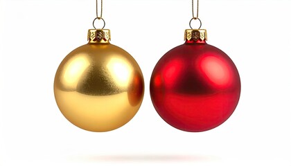 Two Christmas ornaments hang on a plain background for seasonal use and decoration