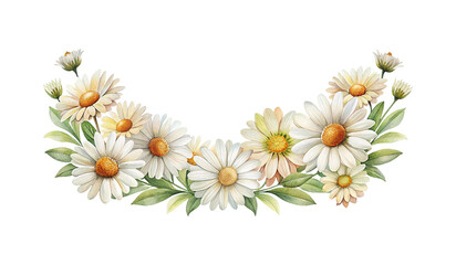Fototapeta premium Watercolor Garland of White Daisies with Green Leaves in an Elegant Arrangement
