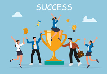 Business Teamwork Collaboration Concept with Trophy and Success Achievement Illustration