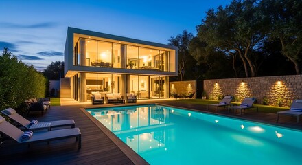 Modern Villa with Pool at Dusk